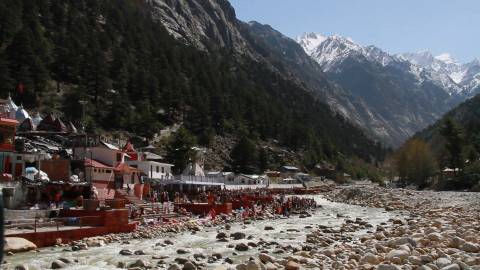 Wide shot of the Gangotri temple, Uttarakhand, India