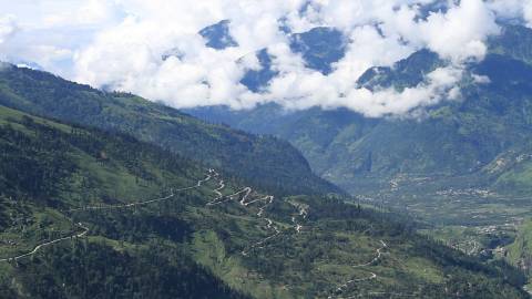 Cloud-covered mountains at Keylong/ Kyelang, Himachal Pradesh