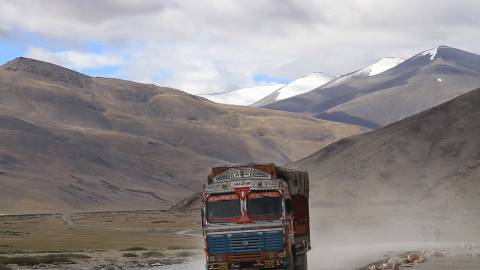 Truck passing through the Pang to Leh Road, Ladakh