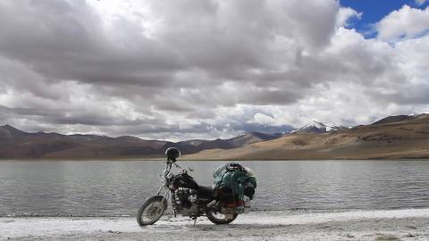 Bike parked near Tso Kar salt lake, Ladakh