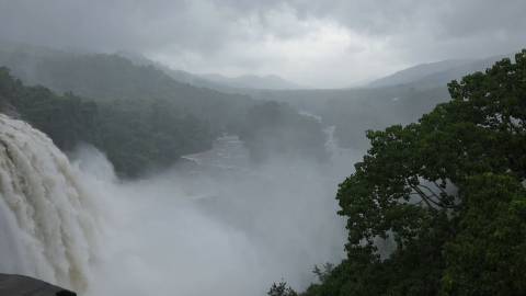 Panning shot of Athirappilly Waterfalls, Kerala